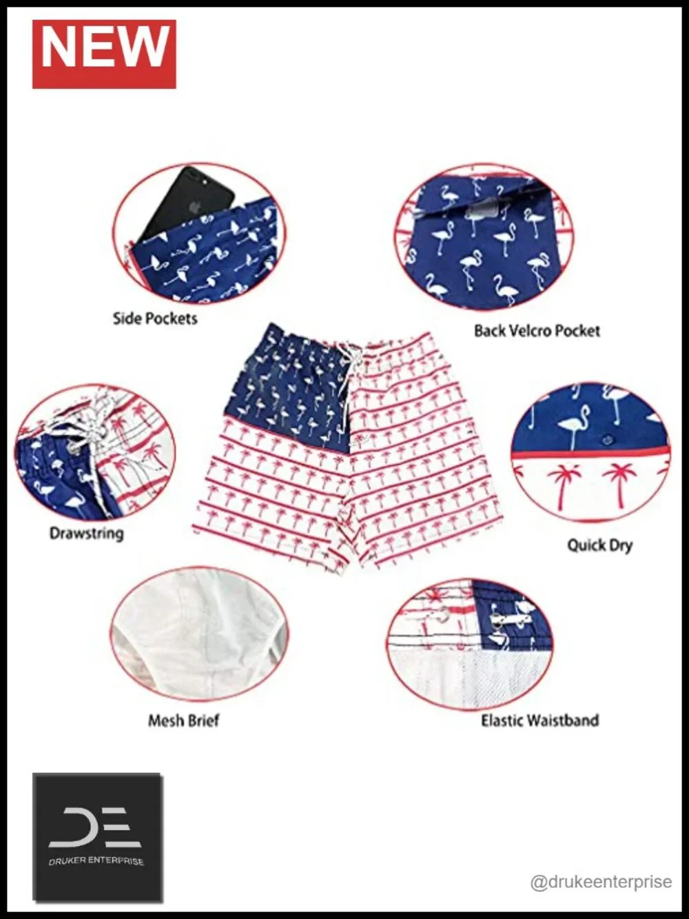 Mens Swim Trunks 5 Inch Inseam Quick-Dry Board Shorts with Pockets